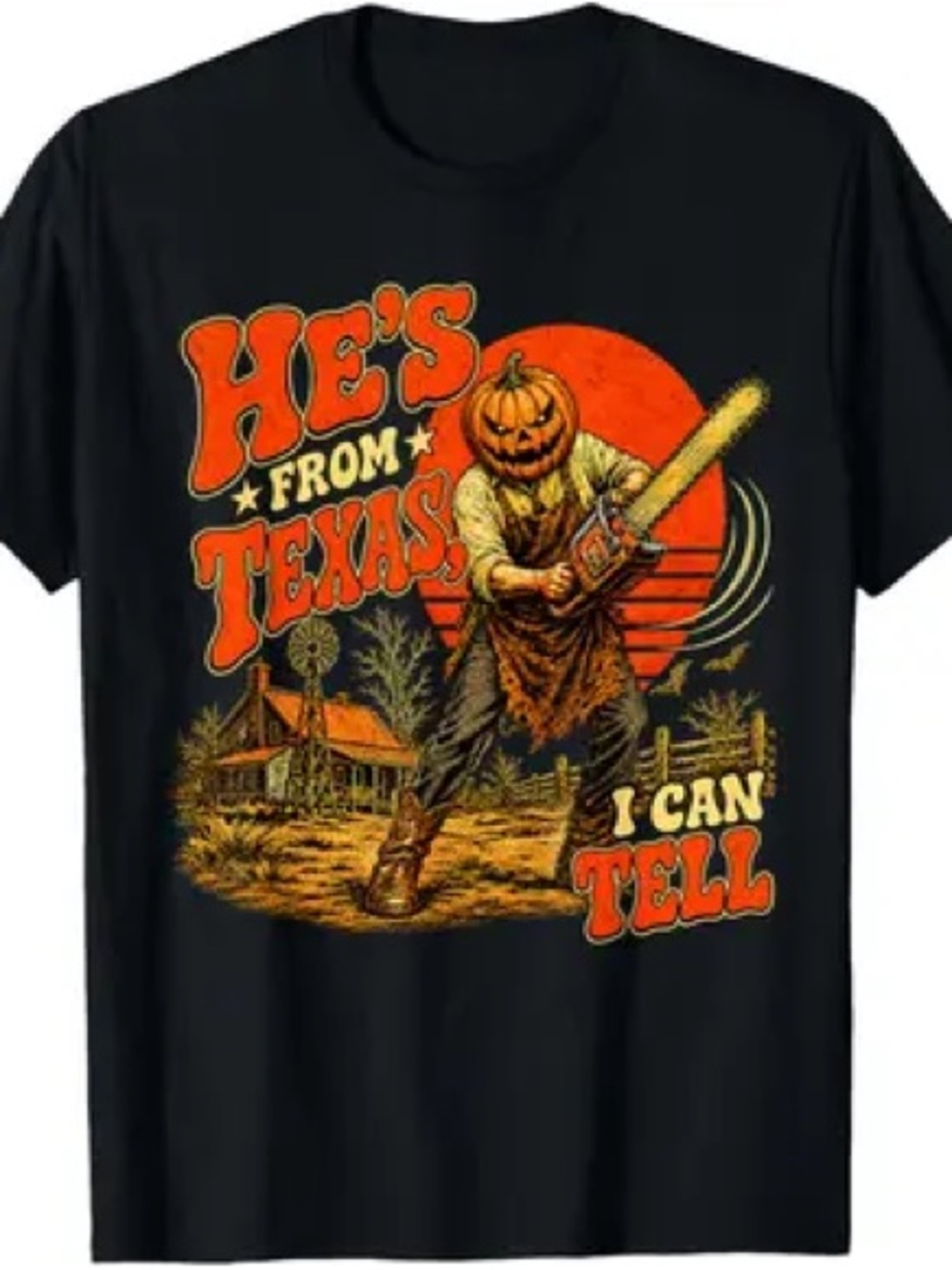 Gildan Black Short-Sleeve 'He's From Texas' Pumpkin Chainsaw Tee, Gift For Him